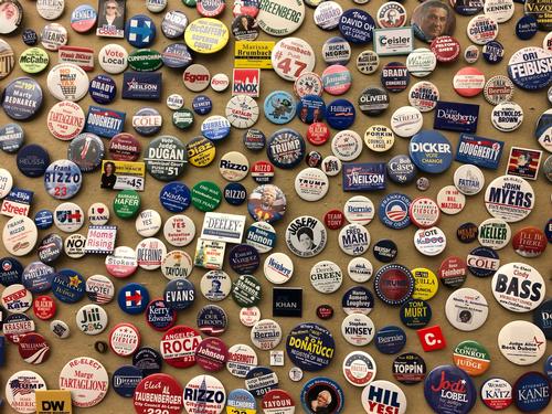 Buttons from campaign trails, on display at the County Board of Elections in City Hall. 